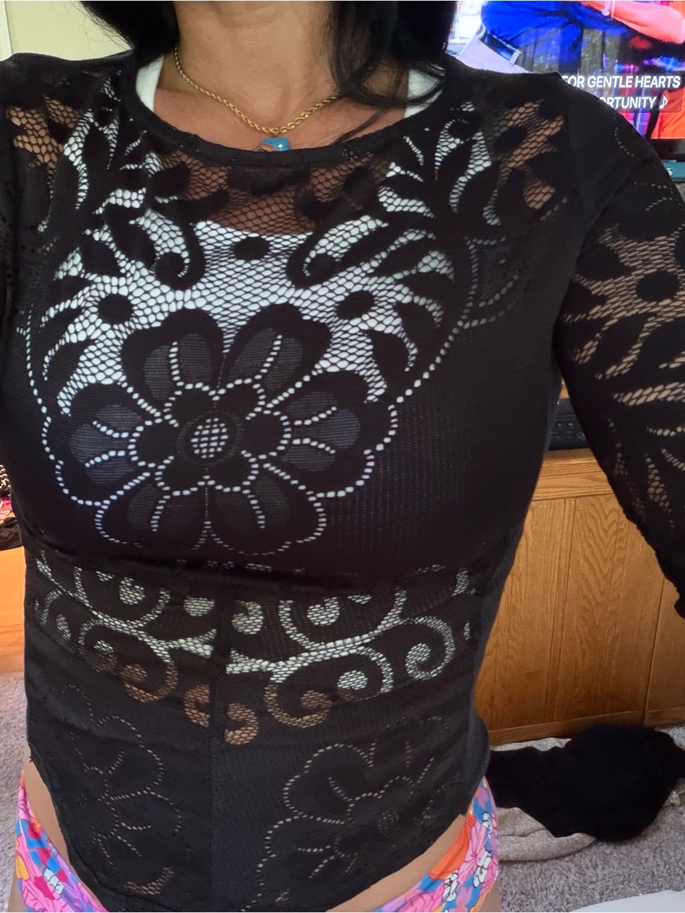 Free People Black Lace Floral Long Sleeve Top